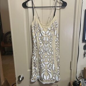 NBD Beige and White Embellished Mini Dress